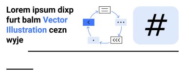 Mavi üstveri etiketi sembolü, iletişim simgeleriyle dairesel iş akışı ve yer tutucu metin. İşbirliği, iş akışı, içerik paylaşımı, dijital medya, strateji, basit iniş sayfaları için ideal