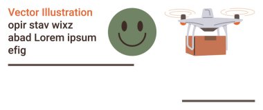 E-ticaret, dağıtım hizmetleri, teknoloji, müşteri memnuniyeti, lojistik, online alışveriş. Mutlu bir yüz ve metin tutucularla dolu bir paket teslim eden bir kuadkopter. Teslimat hizmetleri ve e-ticaret