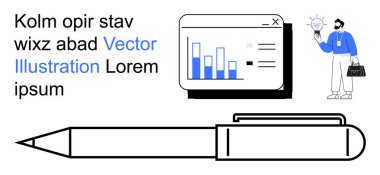 Pazarlama stratejileri, ticari yenilikler, veri analizleri, sunum araçları, işyeri fikirleri, beyin fırtınası. Bar tablosu olan bir ekran, fikir kalemleri tasarlayan bir iş adamı. Veri analizi