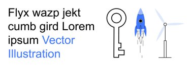 Yenilenebilir enerji, yenilik, teknoloji, anahtar çözümler, sürdürülebilir büyüme, gelecekteki vizyon. Bir anahtar, bir roket fırlatma ve bir rüzgar türbini. Yenilik ve yenilenebilir enerji