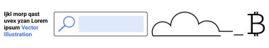 Bulut hesaplama, kripto para birimi finansmanı, dijital arama, bilgi alışverişi, engelleme zinciri teknolojisi, teknik trendler. Bir arama çubuğu, bulut çizgisi ve Bitcoin sembolü. Bulut hesaplama ve kripto para birimi