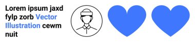 Aşk, ilişkiler, bağlantı, kullanıcı profili, iletişim, sosyal etkileşim. İki mavi kalbin yanında siyah çizilmiş kullanıcı simgesi. Profil ve kalplerle aşk ve ilişkiler