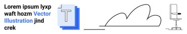 Ofis verimliliği, yaratıcı tasarım, bulut hesaplama, işyeri, teknoloji, strateji. Metin blokları, bulut çizgileri ve ofis sandalyesi olan minimalist tasarım. Ofis verimliliği ve yaratıcı tasarım