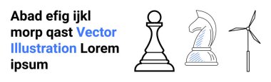 Strateji, yenilenebilir enerji, karar verme, sürdürülebilirlik, gelecek planlama, iş büyümesi. Minimalist sanatta satranç taşları ve rüzgar türbini yer alır. Strateji ve yenilenebilir enerji