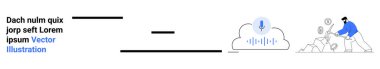 Bulut teknolojisi, ses tanıma, takım çalışması, veri işleme, uzaktan yardım, iş akışı otomasyonu. Ses dalgası ikonuna sahip bulut, verileri analiz eden ekip. Bulut hesaplama ve ses
