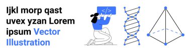 Programlama, biyoteknoloji, eğitim, yenilik, kodlama kavramları, fütürist tasarımlar. Yanında DNA ipliği ve geometrik şekli olan bir kişi. Programlama ve biyoteknoloji kavramları