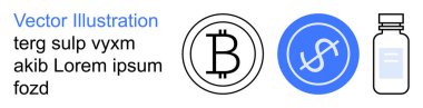 Kripto para birimi, finansal işlemler, ilaç, eczacılık, dijital ekonomi, sağlık hizmetleri. Bitcoin sembolü, dolar işareti ilaç şişesi. Kripto para birimi ve ilaç resimli