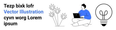 Serbest çalışma, yaratıcılık, uzaktan çalışma, eğitim, girişimcilik, çalışma alanı. Dizüstü bilgisayar, ampul ve bitkilerle oturan kişi. Serbest çalışma ve yaratıcılık çalışma süreçlerine odaklanır