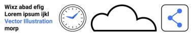 Teknoloji, veri paylaşımı, zaman izleme, bulut hizmetleri, ağ oluşturma, dijital bağlantı. Simge seti bir saat, bulut ve paylaşım düğmesi içerir. Bulut hizmetleri ve teknoloji görselleştirme kavramı
