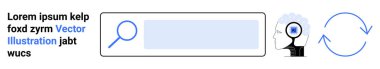 Veri analizi, arama işlevselliği, yenilenme, dijital odak, bilgi keşfi, bilişsel süreçler. Büyüteç, ok ve odaklı kafa. Veri analiz ve arama işlevselliği