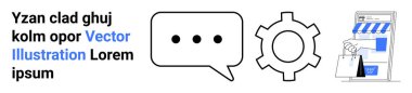 Noktalı sohbet balonu, ayarlar için teçhizat, alışveriş torbaları ile dijital mağaza önü. E-ticaret, müşteri desteği, hizmet ayarları, dijital pazarlama, perakende uygulamaları, UIUX sade iniş sayfası için ideal