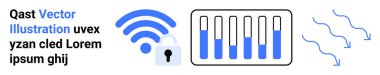 Kilit simgesi olan kablosuz sembol, sinyal gücünü ve hava akışı hatlarını temsil eden bar grafiği. Ağ oluşturma, veri güvenliği, IoT cihazları, kablosuz teknoloji, internet, veri akışı için ideal