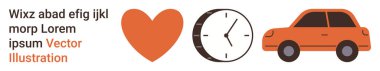 Aşk, zaman yönetimi, ulaşım, dakiklik, yaşam tarzı, araba yolculuğu. Bir kalp, bir saat ve sıralı bir araba. Modern görsellerle aşk ve zaman yönetimi kavramı