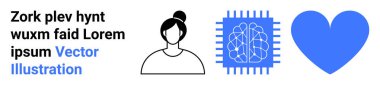 Teknoloji, akıl sağlığı, aşk, yapay zeka, bağlantılar, insan duyguları. Minimalist tasarım, insan dış hatları, yapay zeka çipi ve kalp sembolü. Teknoloji ve zihinsel sağlık fikirleri