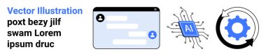 Yapay zeka, otomasyon araçları, sohbet robotu teknolojisi, iletişim sistemleri, makine öğrenimi, iş akışı verimliliği. Sohbet arayüzü, yapay zeka çipi işlem simgesi. Chatbot ve yapay zeka teknolojisi