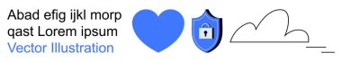 Veri koruması, sevgi ve güven, soyut sanat, bulut teknolojisi, çevrimiçi güvenlik, dijital tasarım. Mavi kalp, kilit ve bulut çizgisi olan bir kalkan. Veri koruması ve sevgi ve güven kavramı