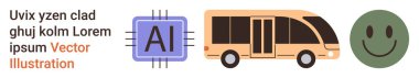 Yapay zeka, ulaşım, şehir hayatı, duygusal refah, modern teknoloji, gelecekteki trendler. Modern bir otobüs ve gülümseyen bir yüz ikonu ile birlikte yapay zeka çipi tasarımı. Yapay zeka