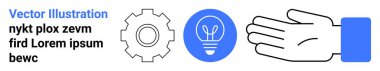 Yenilik, teknoloji, mekanik, el işi, yaratıcılık çözümleri. Bir dişlinin sembolleri bir ampul ve bir el. Yenilik ve teknoloji. Çizgi benzetmesi. Basit satır simgeleri