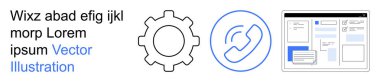 Teknoloji, iletişim, kullanıcı arayüzü, bilişim hizmetleri, uygulama tasarımı, dijital iş akışı. Dişli simgesi, telefon sembolü ve beyaz arkaplanda web sayfası düzeni. Teknoloji ve iletişim kavramları