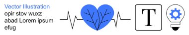 Yenilik, iletişim, sağlık, tasarım, yaratıcılık, ilerleme. Kalp atışı çizgisi, mavi kalp mesajı ikonu ve bir ampulün içinde vites. Yenilik ve iletişim vurgulandı