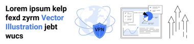 Çevrimiçi gizlilik, siber güvenlik, ekonomik büyüme, teknoloji, analitik, dijital trendler. Bir VPN kalkanı, veri tablosu ve büyüme okları. Çevrimiçi gizlilik ve siber güvenlik kavramı