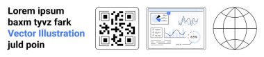 Dijital bağlantı, veri işleme, küresel iletişim, analitik, tarama, teknoloji. QR kodu, grafikli analitik gösterge paneli ve dünya simgesi. Teknoloji ve küresel iletişim kavramı
