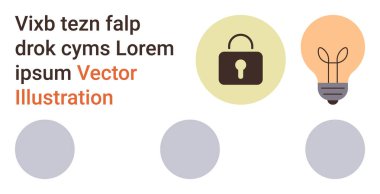 Yenilik, siber güvenlik, eğitim, veri güvenliği, yaratıcılık, dijital tasarım. Yer tutucu metin ve dairesel elementlerle kilit ve ampul simgeleri. Yenilik ve siber güvenlik kavramı