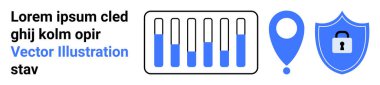 Veri seviyeli bar şeması, mavi lokasyon pimi, kilitli kalkan. Veri analizi, siber güvenlik, konum izleme, koruma, teknoloji, güvenlik ve basit iniş sayfası için ideal