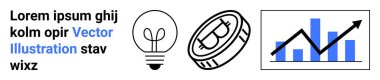 Kripto para birimi trendleri, engelleme zinciri yeniliği, finansal analitik, yatırım sezgileri, dijital ekonomi, fintech çözümler. Bitcoin para, bar çizelgesi ve ampul görsel olarak gruplandırılmış. Kripto para birimi