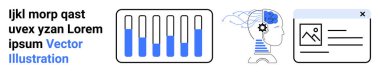 Gradyan seviyeli çubuk grafik, beyin ve donanımlı insan kafası taslağı ve web düzenleme çerçevesi. Teknoloji, analitik, yapay zeka, yaratıcılık, eğitim, yenilik için ideal basit iniş sayfası