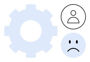 Sistem hatası konsepti. Vites sembolü ve kullanıcı simgeleri sistem sorunlarını ifade eder. Üzgün yüz, kullanıcı deneyimi üzerindeki arıza etkisini vurgular. Sorun giderme, UX tasarımı, müşteri hizmetleri, uygulama geliştirme için