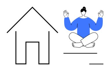 Sağlık, farkındalık, evde rahatlama, kendine bakım, meditasyon, denge. Minimalist tasarım, bir insanın meditasyon yaptığını ve basit bir ev taslağı çizdiğini gösteriyor. Farkındalık ve evde rahatlama kavramları