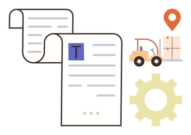 Belge listeleri, forklift taşınma kutuları, teçhizat ve konum işaretleyicisi sevkiyat, envanter ve iş akışı yönetimini simgeliyor. Lojistik, depo stratejisi, iş süreci planlaması için ideal