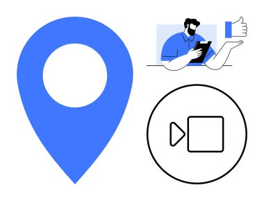 Navigasyon, çevrimiçi iletişim, video paylaşım, kullanıcı etkileşimi, iş hizmetleri, multimedya araçları. Mavi bir konum rozeti, video simgesi ve geri bildirim yapan kullanıcı. Navigasyon ve çevrimiçi iletişim