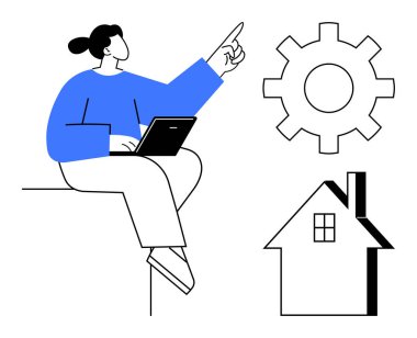 Uzaktan çalışma, otomasyon, ev ofisi, teknoloji geliştirme, takım çalışması, dijital çözümler. Dizüstü bilgisayarı olan kişi, vites sembolü ev simgesi. Uzak çalışma ve otomasyon kavramsal