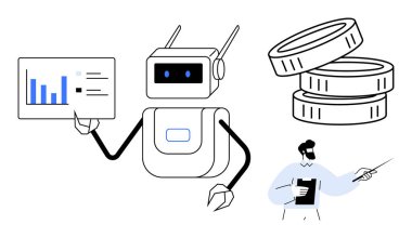Finansal analizler, yapay zeka teknolojisi, otomasyon, parasal işlemler, iş stratejisi, veri görselleştirme. Robot istatistikleri, bozuk paraları ve rapor tutan bir profesyoneli sunuyor. Finansal analiz