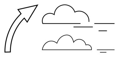 Yukarı doğru ok ve aerodinamik çizgilerle bulutlar büyüyor. Bulut büyümesi ilerlemeyi, gelişmeyi ve yeniliği simgeler. Teknoloji, veri hareketi ve bulut hesaplama görselleri için ideal. İş dünyası