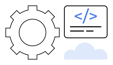 Yazılım geliştirme, bulut hizmetleri, kodlama sistemleri, dijital teknoloji, otomasyon kavramları, programlama. Vites, kodlama parantezi ve bulut simgesi. Yazılım geliştirme ve bulut hizmetleri kavramları