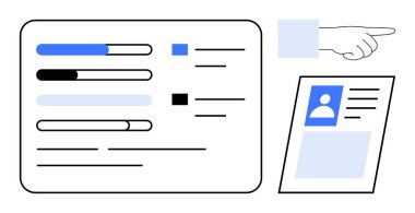 Veri görselleştirme. Kullanıcı arayüzü ögeleri ilerleme çubuklarını, profil kartını ve el verisini görselleştirme çözümlerini işaret eder. Analiz, organizasyon ve gösterge panelleri için veri görselleştirmesi