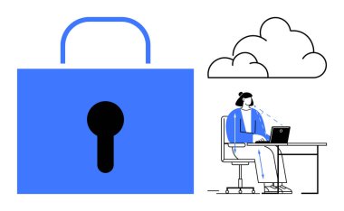 Siber güvenlik kavramı. Siber güvenlik kilit veri koruması ve bulut üzerinde çalışan bir kullanıcı tarafından gösteriliyor. Siber güvenlik güvenli dijital etkileşimler sağlıyor. IT için mükemmel, bulut hesaplama