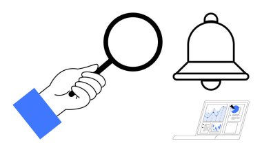 Araştırma, bildirimler, analitik, veri görselleştirme, çevrimiçi izleme, verimlilik. Büyüteçli el, çan simgesi analitik ekranı. Araştırma ve bildirim kavramı