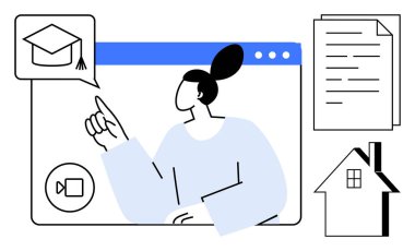 Çevrimiçi eğitim, uzaktan öğrenme, sanal sınıflar, e-öğrenme araçları, akademik iletişim, modern öğretim. Mezuniyet şapkası sembolü olan bir ekranı işaret eden kişi. Çevrimiçi eğitim