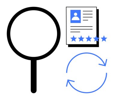 Büyüteç, yıldızlı profil belgesi ve gözden geçirme, geri bildirim, işe alım, değerlendirme, kalite güvencesi, iyileştirme ve performans analizini gösteren dairesel oklar