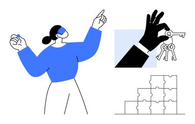 İş çözümleri konsepti. Vizyon jestleri, anahtar erişimi ve bulmaca planlaması gibi iş görselleri yenilik, şirket stratejisi ve büyüme çözümlerini iletir. Girişimler, pazarlama, şirket için