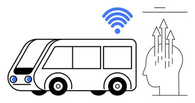 Akıllı ulaşım konsepti. Kablosuz etkinleştirilmiş bir otobüs ve yenilik grafiği gösteren akıllı ulaşım simgeleri. Bağlantı, hareketlilik, teknoloji ve kentsel sistemler için akıllı ulaşım