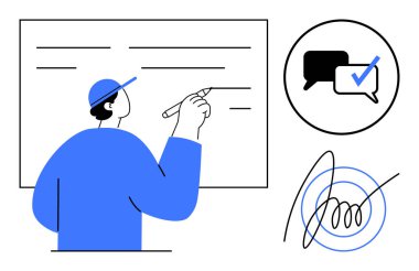 Gemide yazan kişi, işaretli konuşma baloncukları, tokalaşma simgesi. İletişim, işbirliği, öğretim, anlaşmalar, geri bildirim, beyin fırtınası için ideal. Basit düz metafor