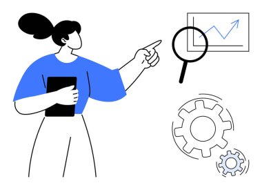 İş, büyüme stratejileri, verimlilik, takım çalışması, araştırma, yenilik. Büyüteç ve dişlilerle grafiğe bakan bir kadın. İş ve büyüme stratejileri kavramı