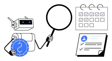 Robot büyüteç ve bozuk para tutuyor, takvimi ve listeyi inceliyor. Otomasyon, analiz, verimlilik, programlama, araştırma, teknoloji problem çözme için ideal. Basit düz metafor