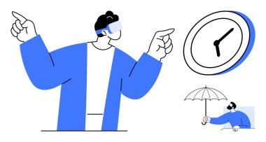 Zaman yönetimi, gelecek teknolojisi, sanal gerçeklik, kişisel organizasyon, dijital yenilik, iş hayatı dengesi. VR gözlük, saat şemsiyesi ikonu kullanan biri. Zaman yönetimi ve gelecek