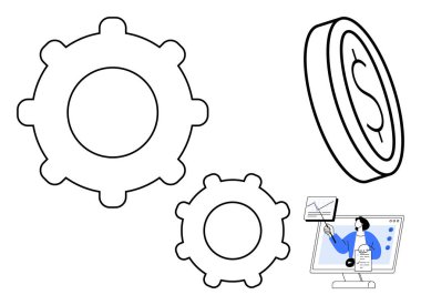 İş büyümesi konsepti. İş simgeleri vites yükseltir ve ekonomik para gelişimini hızlandırır. İş stratejileri bilgisayar ekranında bir analist tarafından açıklandı. Finans, stratejiler, büyüme için
